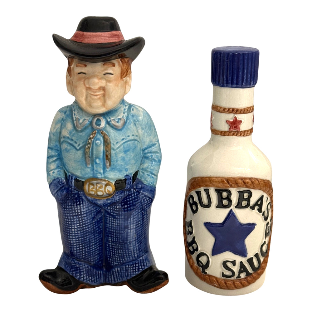 Vtg OCI 1992 Bubbas Barbeque Salt Pepper Shakers Ceramic Cowboy Western BBQ Rare